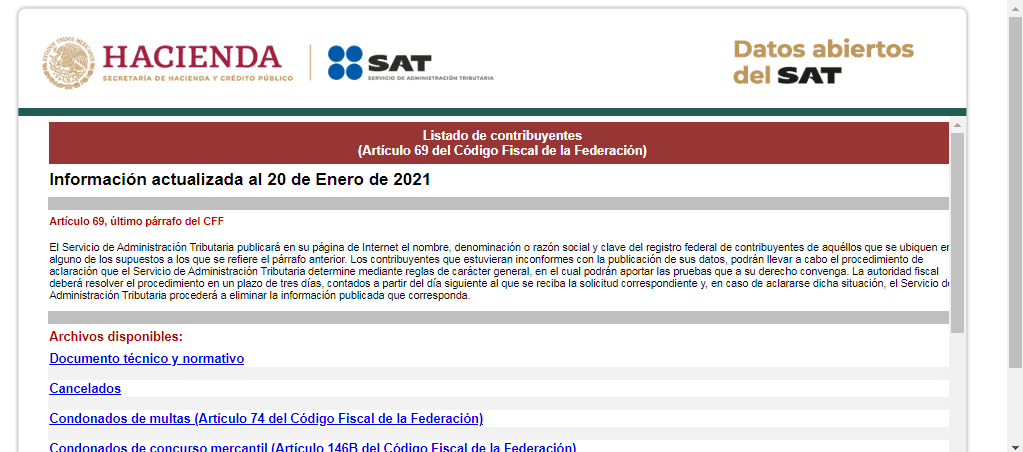 Página de datos abiertos del SAT